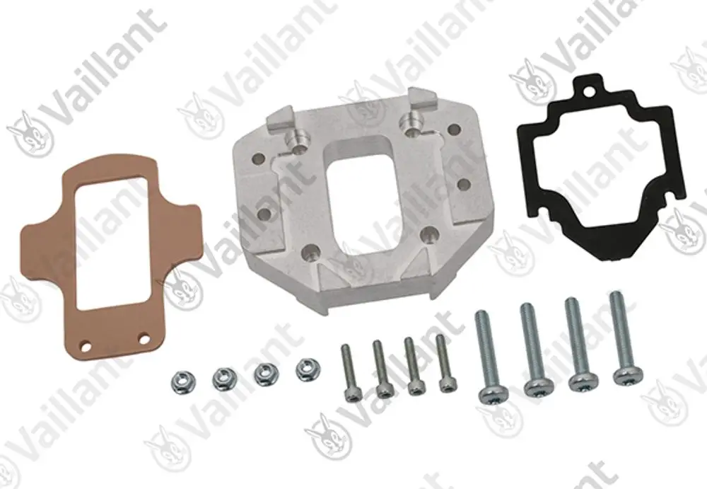 Vaillant Flanschset mit einem Aluminiumflansch, zwei Dichtungen und Schrauben zur Montage, bereit für die Verwendung in Heizsystemen.